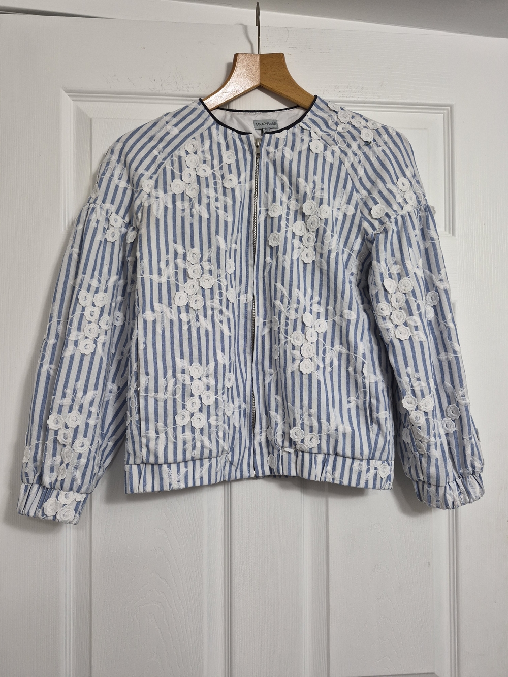 Striped Blue & White Embroidered Bomber Jacket 55% Linen 45% cotton